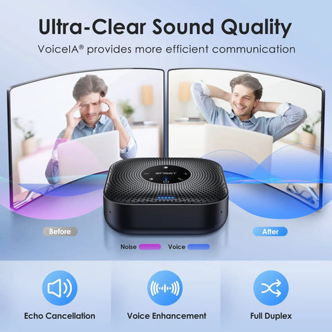 Boss Level Conference Phone for Small Teams With 360 Degree Mic Array and Noise Cancellation, USB-C and Bluetooth, showing sound quality improvement before and after with VoiceIA.