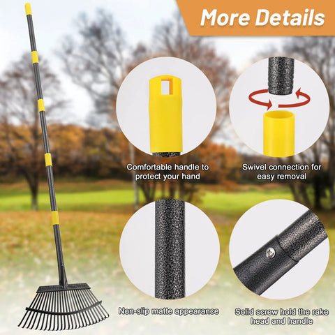 Heavy Duty Leaf Rake With 18 Inch Wide Head And 25 Metal Tines, Adjustable 36 To 78 Inch Handle, built tough design details