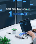 Sleek Plug And Play M.2 NVMe SSD Enclosure With Smart Cooling Fan And Transparent Back Plate For Thunderbolt 3 4 USB4 Macbook PC Ipad Setup Supporting Up To 8TB File Swapping Without Breaking A Sweat shown with laptop and dual monitors