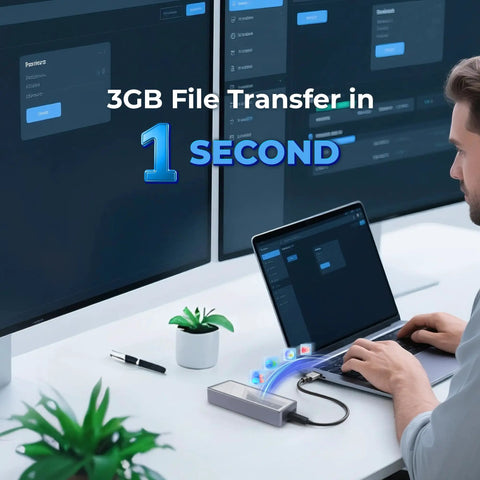 Sleek Plug And Play M.2 NVMe SSD Enclosure With Smart Cooling Fan And Transparent Back Plate For Thunderbolt 3 4 USB4 Macbook PC Ipad Setup Supporting Up To 8TB File Swapping Without Breaking A Sweat shown with laptop and dual monitors