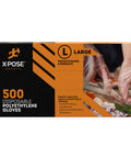 No Sweat Clear Disposable Gloves 500 Count Box Lightweight Polyethylene Ambidextrous Fit for kitchen prep and heavy cleaning.