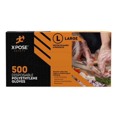 No Sweat Clear Disposable Gloves 500 Count Box Lightweight Polyethylene Ambidextrous Fit for kitchen prep and heavy cleaning.