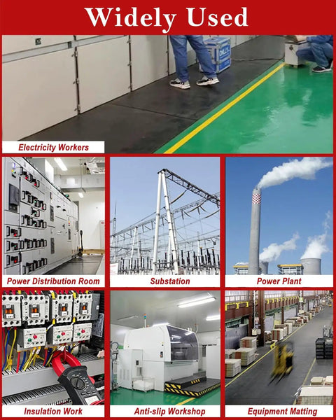 Built Tough Heavy Gauge High Voltage Insulating Rubber Mat Dielectric Non Conductive Switchboard Floor Roll Black Corrugated Anti Shock Workzone Defender in industrial setting with electricity workers.