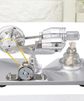 Engine Generator For Science Projects And STEM Learning With Durable Brushed Stainless Steel Base CNC Machined Frame Thick Glass Heating Cylinder Hands On Educational Toy For Curious Kids And Makers, side view