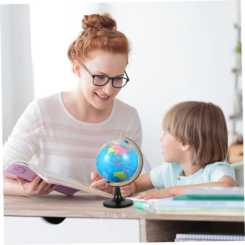 Large Desktop World Globe With Stand For Adults High Definition Geographic Tabletop Globe used by woman and child at desk