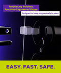 Close-up of Loose Outlet Fix Glow In The Dark 25 Pack securing a plug, shown in dark with patent polymer for electrical safety.