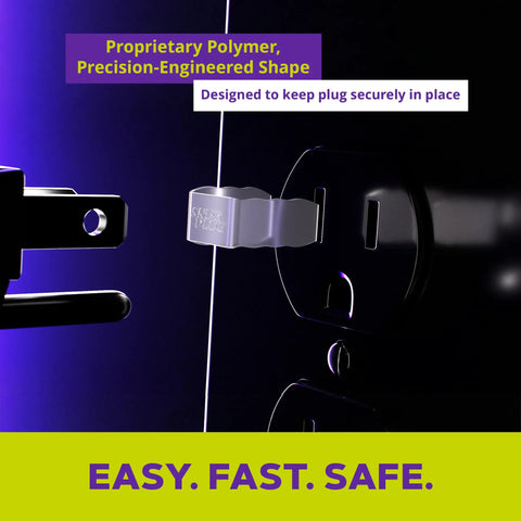 Close-up of Loose Outlet Fix Glow In The Dark 25 Pack securing a plug, shown in dark with patent polymer for electrical safety.