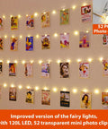 Warm White Fairy String Lights With Photo Clips And Hooks, USB Powered Waterproof 40Ft String Light With 120LED, 52 Clip Display