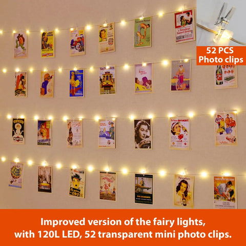 Warm White Fairy String Lights With Photo Clips And Hooks, USB Powered Waterproof 40Ft String Light With 120LED, 52 Clip Display
