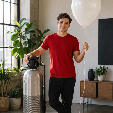 Helium Balloon Filler Regulator With Gauge 0-3000 PSI For CGA580 Tank used by person holding a white balloon indoors.