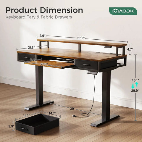 Electric Standing Desk With Drawers And Keyboard Tray, 55 Inch Height Adjustable Gaming Desk showing dimensions and rustic brown finish.