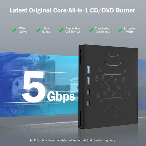 7 In 1 External CD DVD Drive For Laptop With USB 3.0 And Type C Support, Fast Data Transfer Up To 5 Gbps, Backward Compatible With USB 2.0 And USB 1.1, Reads And Burns CDs And DVDs, Plug And Play, Portable External Drive black with USB-C and USB ports
