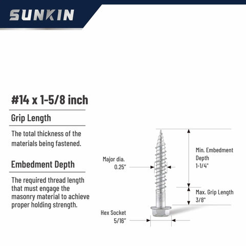 Bi Metal Masonry Screws Stainless 304 Self Tapping Size 14 X 1 5/8 Inch Hex Head Hardened Tip Built To Last Rustproof diagram