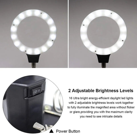 Pro Grade Magnifier Work Station With 16 LED Lights showing ring lamp and adjustable brightness levels