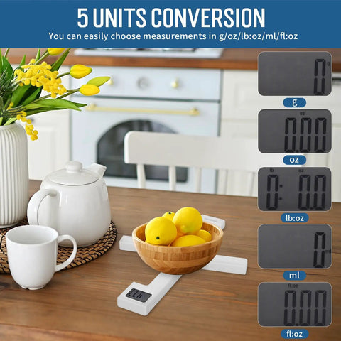 Foldable Digital Kitchen Scale For Home And Travel Portable Food Scale With LCD Display shown with fruit bowl in kitchen
