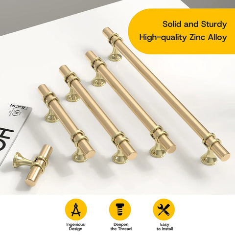 Gold Cabinet Pulls 10 Pack 5 Inch Heavy Duty Zinc Alloy Drawer Handles For Cabinets Closets And Cupboards Rust Resistant Hardware Upgrade For Kitchen Bathroom Vanity And Wardrobe Boss Level Quality showing various sizes and installation ease.