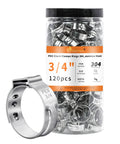 120 Pcs Three Quarters Inch PEX Cinch Clamps Rings 304 Stainless Steel Single Ear Hose Clamps in jar and single crimp ring detail.
