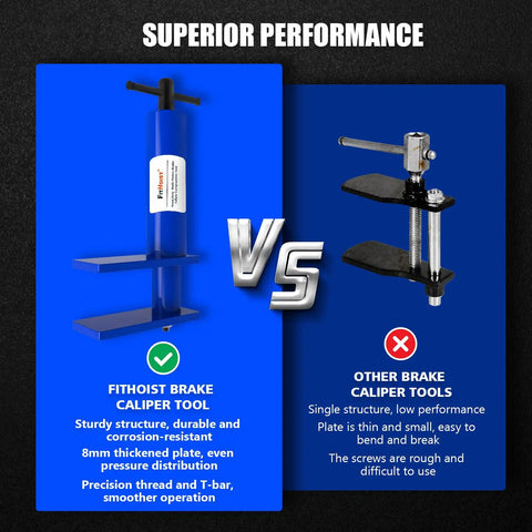 Comparison of FitHoist brake caliper tool vs. other brake tools, showing design and performance differences.