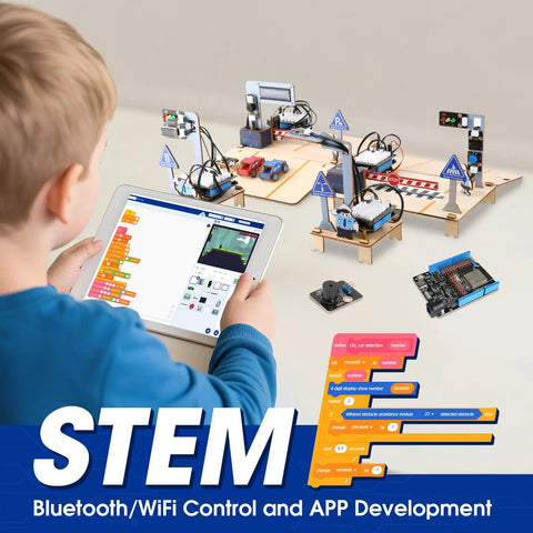 Hands On IoT Traffic Simulator Kit For Kids And Teens 3D Wooden Puzzles STEM Education Set DIY Smart City Coding Toy Powered By ESP32 Learn Electronics And Robotics With Real World Traffic Scenarios, child using tablet