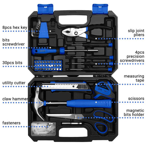 Heavy Duty 50 Piece Household Hand Tool Kit With Sturdy Storage Case And All Purpose Home Repair Essentials, Campus Ready For Quick Fixes, Office Maintenance, And No Sweat DIY Projects, Blue