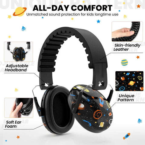 Kids Ear Protection Earmuffs With 27dB Noise Canceling For Sports Events Concerts Fireworks Air Shows And Autism Support, adjustable headband and soft ear foam in black with colorful design