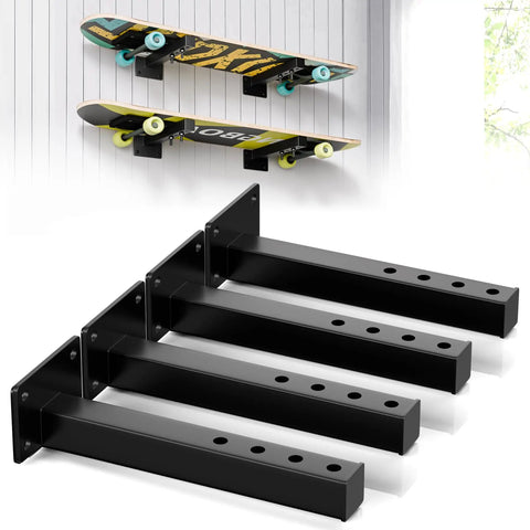 Black floating brackets holding skateboards; Skateboard Wall Mount Shelves 4 Pack Black Floating Brackets For Deck And Longboard Display.