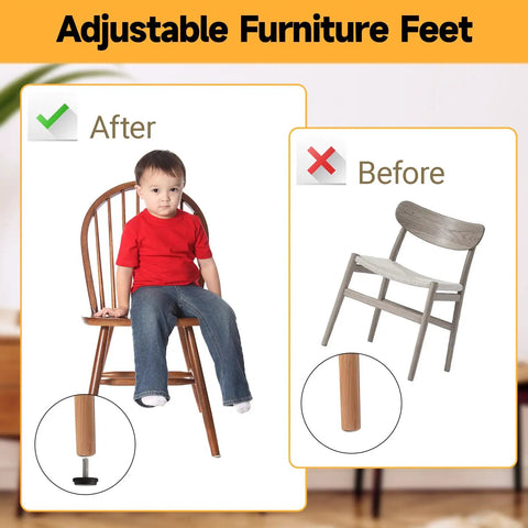 Image showing adjustable furniture feet before and after using Threaded Adjustable Leveling Feet M8 12 Pack for stability.