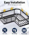 No Drill Corner Shower Caddy Set, Stainless Steel Wall Mounted Bathroom Organizer With Removable Hooks, Rustproof Shower Shelf, 2 Pack For Dorms And Renters, Black installed in a bathroom corner.