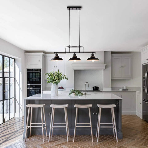 Kitchen Island Pendant Light Three Light Industrial Ceiling Fixture With Metal Shades Matte Black Finish in modern kitchen.
