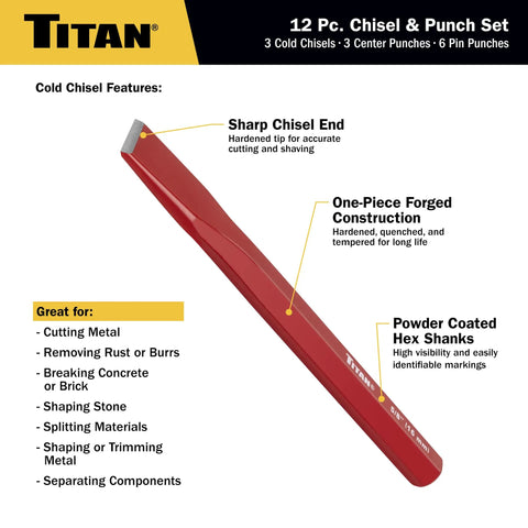 12-Piece Chisel And Punch Set Pro Grade Heavy Duty Tools With Cold Chisels Center Punches And Pin Punches One-Piece Forged Construction