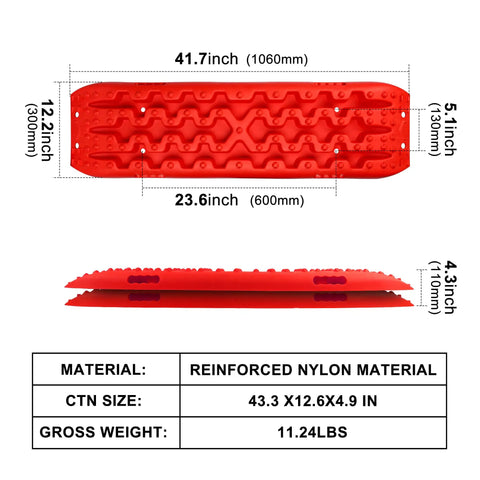 Recovery Traction Tracks for 4WD SUVs and Trucks, Mud Sand Snow Off Road Mats in red with measurements and specifications visible