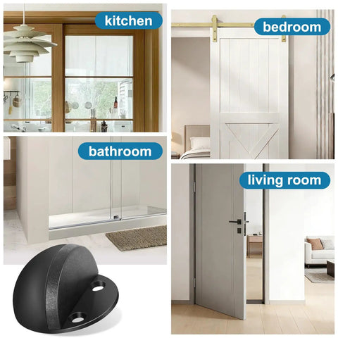 No Fuss Floor Door Stops Adhesive Backed Stainless Steel Black Wall Protectors Rubber Bumper for kitchen, bathroom, bedroom, and living room.