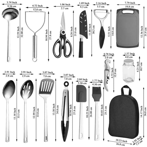 15 Piece Camping Kitchen Utensil Set For RVs Camping Backpacking And Travel Premium Outdoor Cooking Tools with measurements