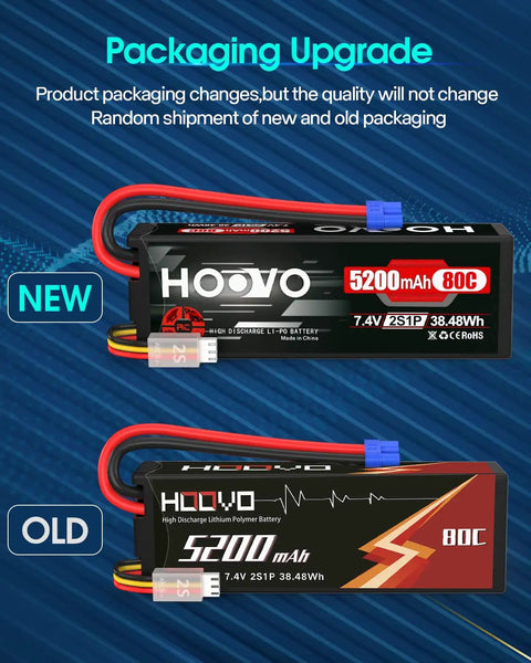 High Capacity 7.4V 5200mAh 80C 2S LiPo Battery With Hard Case And EC3 Plug new and old packaging comparison.