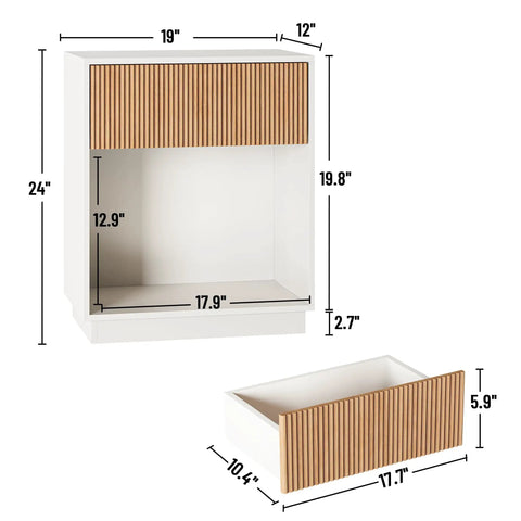 Fluted Nightstands Set Of 2 Dope Modern Bedside Tables With Drawer And Storage Shelf White Oak Finish dimensions shown.