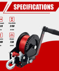 1600 Pound Boat Trailer Winch With 26 Foot Red Strap, 2 Way Ratchet Hand Crank Winch, Heavy Duty Steel Construction
