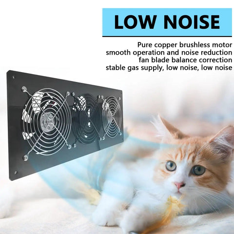 Solar Exhaust Fan Kit With 25W Solar Panel and Three Vent Fans featuring low noise operation next to a relaxed cat