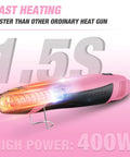 Dual Temperature 400W Mini Heat Gun With Reflector Nozzle 250C/450C in pink showing fast heating in 1.5 seconds