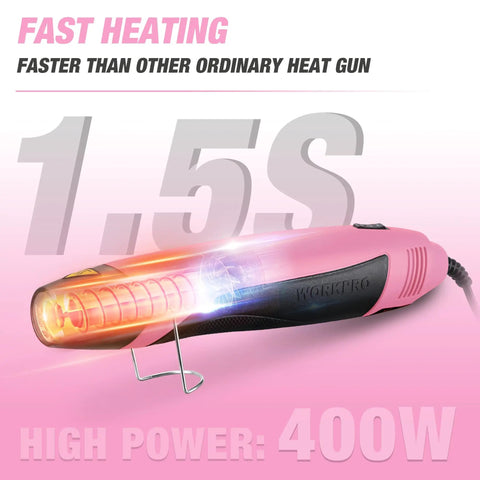 Dual Temperature 400W Mini Heat Gun With Reflector Nozzle 250C/450C in pink showing fast heating in 1.5 seconds