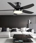46 Inch Black Flush Mount Ceiling Fan With Remote And LED Lights in modern living room, showing 5 blades and sleek design