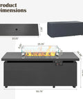 Dimensions of Gray 51-inch Propane Fire Pit Table with 50,000 BTU Heat, Sliding Tank Holder, Glass Wind Guard, Removable Lid.