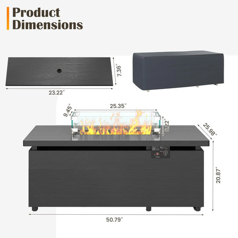 Dimensions of Gray 51-inch Propane Fire Pit Table with 50,000 BTU Heat, Sliding Tank Holder, Glass Wind Guard, Removable Lid.