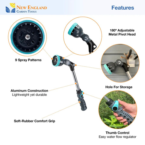 18 Inch Heavy Duty Metal Watering Wand With Nine Spray Patterns and 180 Degree Head, Thumb Flow Control, Comfort Grip