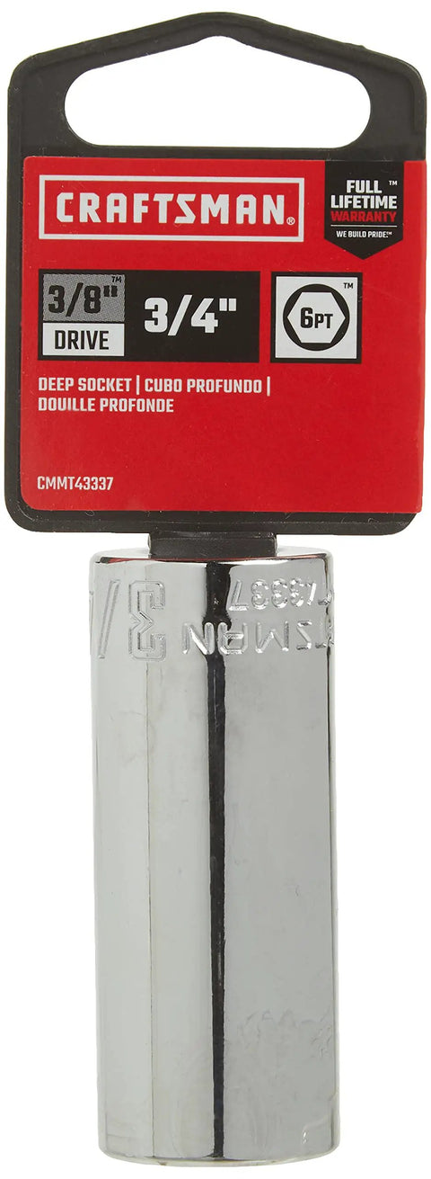 SAE Deep Socket, Three Eighths Inch Drive, Three Quarters Inch, Six Point, Chrome Finish, packaging with size markings