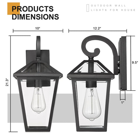 Big Outdoor Wall Lanterns Weatherproof Exterior Light Fixture With Glass Shade Matte Black Finish 21 Inch Wall Mount showcasing product dimensions