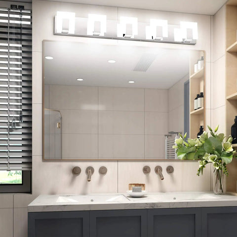 Five Light Dope Modern LED Bathroom Vanity Light Up And Down Wall Fixture In Acrylic And Stainless Steel Chrome Finish Over Mirror