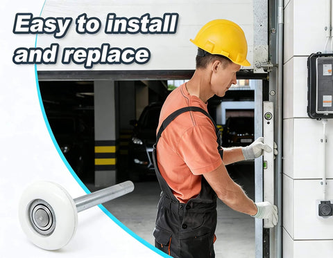Worker installing garage door with 12 Pack 1.8 Inch Nylon White Garage Door Rollers With 4.7 Inch Stem Quiet Smooth Replacement Wheels.