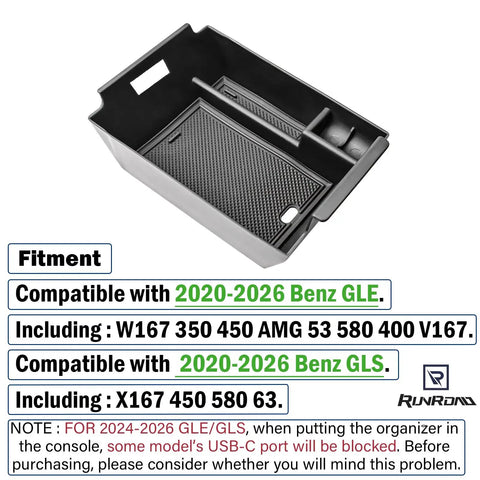 Center Console Organizer Tray For Mercedes GLE 2020 2026 W167 X167 350 450 AMG GLS Middle Armrest Storage Box with USB C Port Cutout