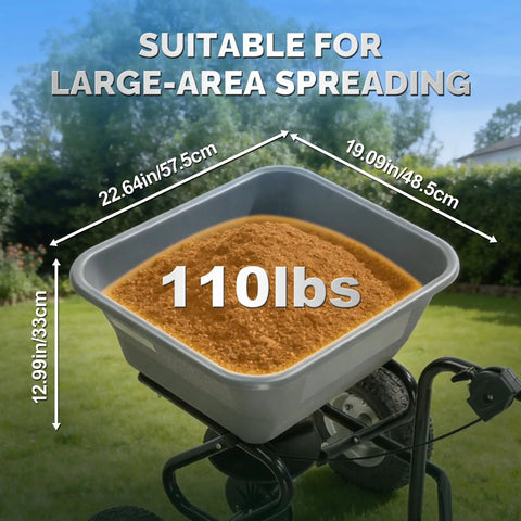 110 Lb Tow Behind Fertilizer Broadcast Spreader With 10 Adjustable Drop Rate And 11.4 Inch Tire For Multi Terrain Lawn Care And Seed Spreading displaying open hopper with granular material
