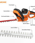 Electric Hedge Trimmer With Corded Power, 4.8 Amp, 24 Inch Dual Action Laser Blade features labeled parts and safety design
